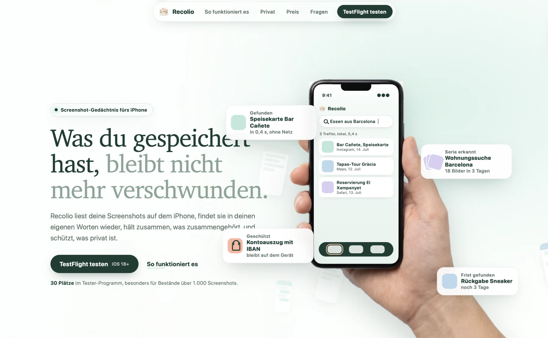 Landingpage der Screenshot-App Recolio mit iPhone und Suchergebnissen